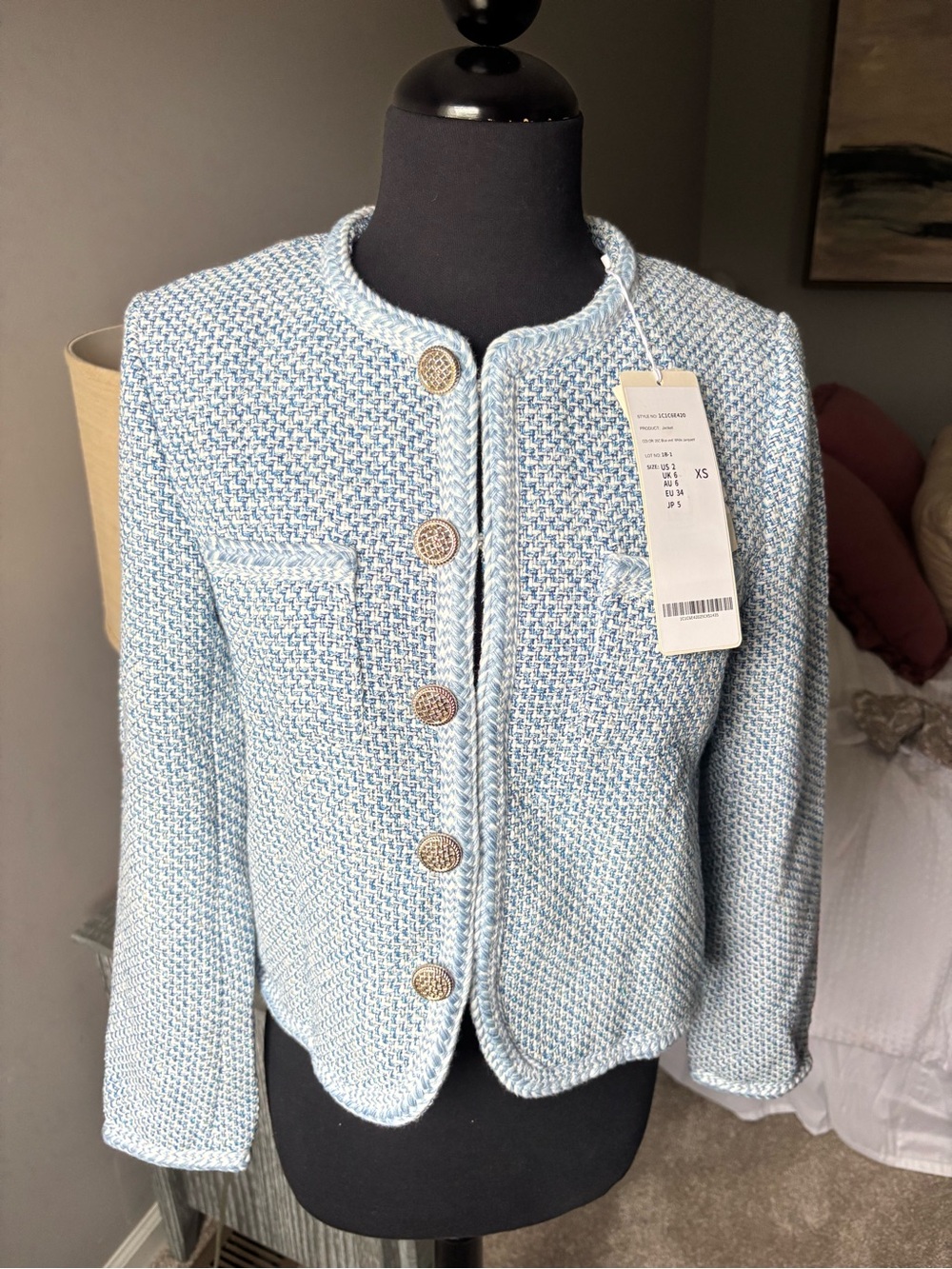 GOELIA Blue & White Tweed Jacket Gold Buttons Size XS NWT